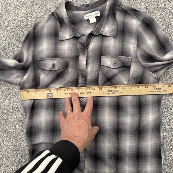 Christopher & Banks Top Womens Medium Plaid Roll-tab Sleeves Cottagecore Coastal - Picture 8 of 11